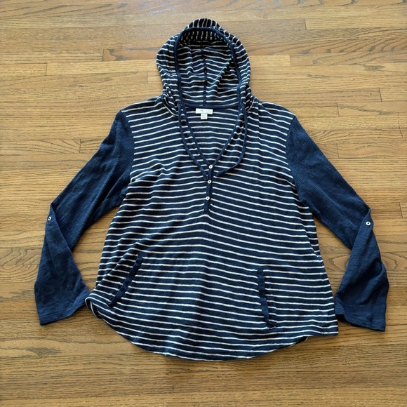 J. Jill Tops - J. Jill Navy Blue White Striped Henley Hoodie Top Womens Medium Petite MP Pocket